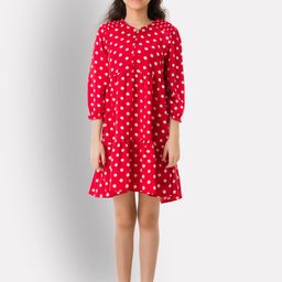 Uptownie Lite Girls Red Crepe Polka Dot Knee Length A-Line Tiered Dress-image-99