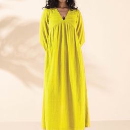 trueBrowns Self Design Puffed Sleeves Pure Cotton Empire Maxi Dress-image-26