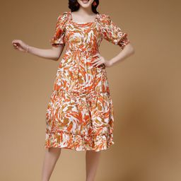 Indibelle Floral Printed Puff Sleeves Tiered Fit and Flared Midi Dress-image-25