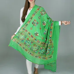 Exotic India Floral Kutch Embroidered Mirror Work Pure Cotton Dupatta-picture-9