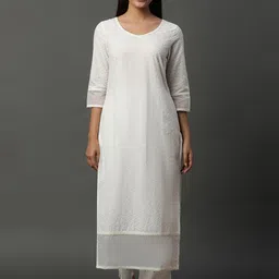 AURELIA Women Embroidered Cotton Thread Work Three-Quarter Sleeves Straight Kurta-picture-49