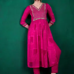 Sangria Georgette Brasso Thread Zari Sequence Embroidered Kurta & Trousers Set-16