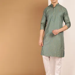SOJANYA Band Collar Ethnic Motifs Printed Cotton Linen Kurta-image-86