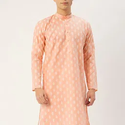 Jompers Men Peach-Coloured & White Ethnic Motifs Kurta-4