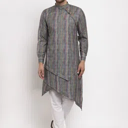 KLOTTHE Men Grey And Yellow Striped Asymmetric Kurta-picture-10