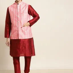 SOJANYA Men Maroon & Pink Kurta with Pyjamas & Embroidered Nehru Jacket-picture-9