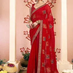 KALINI Ethnic Motifs Embroidered Zari Pure Georgette Saree-image-28