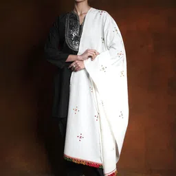Exotic India Cannoli Cream Woolen Plain Shawl with Mirror Embroidery-image-2