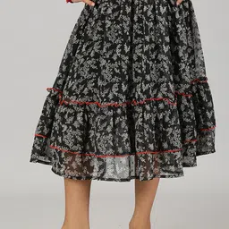KiddoPanti Girls Floral Printed Frill Layered Flared Midi Skirt-image-11