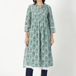 Saffron Threads Women Ethnic Motifs Printed Keyhole Neck Flared Sleeves Thread Work Indie Prints Kurta-picture-12