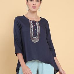 Soch Women Navy Blue Yoke Embroidered High Low Hemline Tunic-image-57