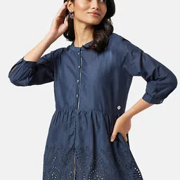 AKKRITI BY PANTALOONS Self Design Mandarin Collar Three-Quarter Sleeves Cotton Tunic-picture-18