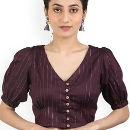 Llajja Striped Woven Design V-Neck Non Padded Cotton Saree Blouse-image-39