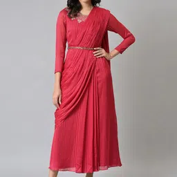 WISHFUL Red Striped Satin Ethnic Maxi Maxi Dress-picture-26