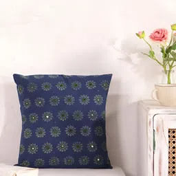 Peepul Tree Blue & Green Floral Embroidered Cotton Square Cushion Cover-24