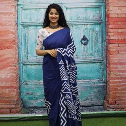 JALTHER Geometric Printed Mulmul Cotton Block Print Saree-image-88