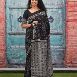 JALTHER Polka Dot Printed Mulmul Cotton Block Print Saree-image-45