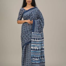 JALTHER Ethnic Motifs Printed Mulmul Cotton Block Print Saree-58