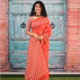 KIAARON Floral Printed Pure Cotton Block Print Saree-image-100