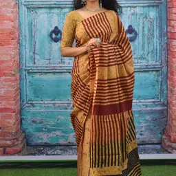 KIAARON Striped Block Print Pure Cotton Saree-29