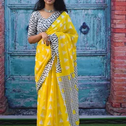 KIAARON Geometric Pure Cotton Block Print Saree-picture-33