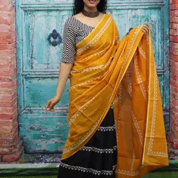 KIAARON Ethnic Motifs Printed Pure Cotton Half and Half Block Print Saree-picture-30