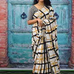 KIAARON Pure Cotton Geometric Block Print Saree-36