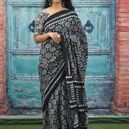 KIAARON Pure Cotton Geometric Block Print Saree-picture-48