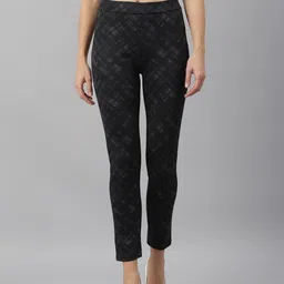 Xpose Women Black & Grey Checked Skinny-Fit Treggings-10