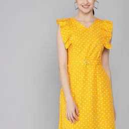 Rudraaksha Creations Polka Dot Printed Flutter Sleeves A-Line Dress-image-40