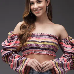 BAESD Tribal Printed Off-Shoulder Crop Bardot Top-image-57