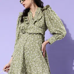 EVERYDAY by ANI Olive Green Floral Printed V-Neck Puff Sleeve Ruffles Detail Empire Dress-image-28