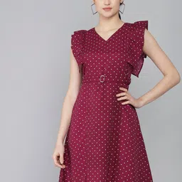 Rudraaksha Creations Polka Dot Printed Flutter Sleeve Crepe Fit & Flare Dress With Belt-picture-17