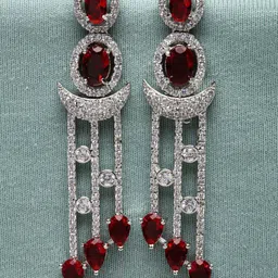 ZENEME Rhodium-Plated American Diamond Studded Crescent Shaped Drop Earrings-47