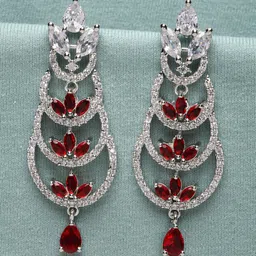ZENEME Rhodium-Plated American Diamond Studded Crescent Shaped Drop Earrings-image-78