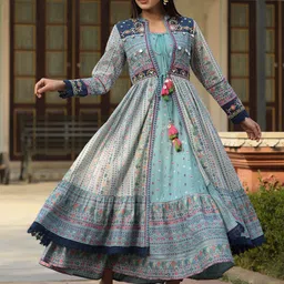 Juniper Blue Printed Cotton Maxi Dress With Jacket-image-77