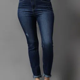 SHOWOFF Women Navy Blue Jean Skinny Fit High-Rise Mildly Distressed Light Fade Stretchable Jeans-image-86