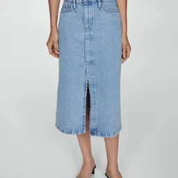 MANGO High-Rise Pure Cotton Denim Midi Skirt with Front Slit-image-75