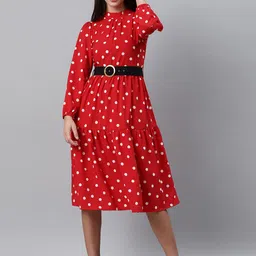plusS Women Red & White Polka Dot Print Fit & Flare Dress-17