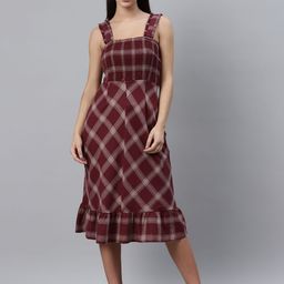 plusS Women Burgundy & White Checked Midi A-Line Dress with Smocked Detail-picture-18