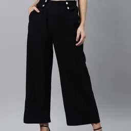 plusS WORX Women Black Straight Fit Solid Parallel Trousers-image-85