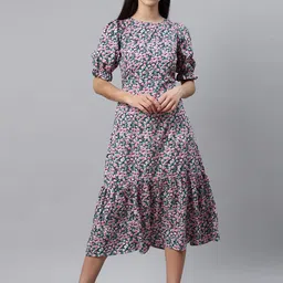 plusS Women Pink & Sea Green Ditsy Floral Print Midi A-Line Dress-image-53