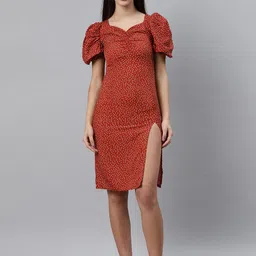 plusS Rust Brown & White Polka Dot Print Sheath Dress with Ruched Detail-image-70