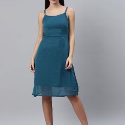 plusS Women Teal Blue Dobby Weave A-Line Dress-image-34