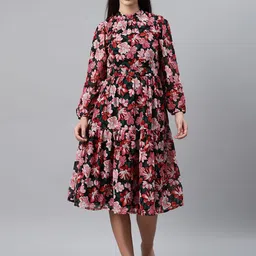 plusS Women Black & Pink Floral Print Fit & Flare Dress-picture-53
