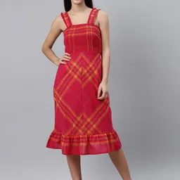 plusS Women Pink & Orange Checked Midi A-Line Dress with Smocked Detail-picture-17
