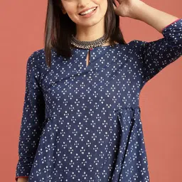Taavi Blue Indigo Hand Block Print A-Line Sustainable Pure Cotton Dress with Pocket Detail-6