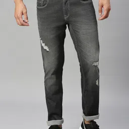 Harvard Charcoal Men Slim Fit Low-Rise Mildly Distressed Light Fade Stretchable Jeans-image-3