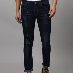 Campus Sutra Men Navy Blue Smart Slim Fit Low Distress Light Fade Stretchable Cotton Jeans-image-71