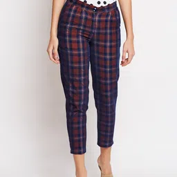 Be Indi Women Maroon Checked Smart Straight Fit Trousers-12